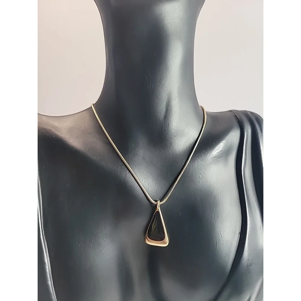 Vintage Gold Tone Black Enamel Geometric Pendant Necklace Snake Chain Minimalist